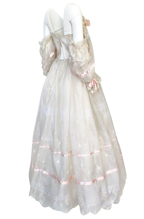 1980s Emanuel Custom Fairy Tale Embroidered & Ribboned Silk Organza Dress