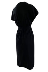 Classic 1970s Halston Soft Black Wool Jersey Front Wrap Dress w Plunging Neckline