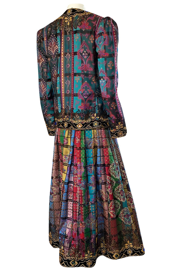 1981 Oscar De La Renta Documented Jewelled Metallic Printed Silk Jacket & Skirt Set