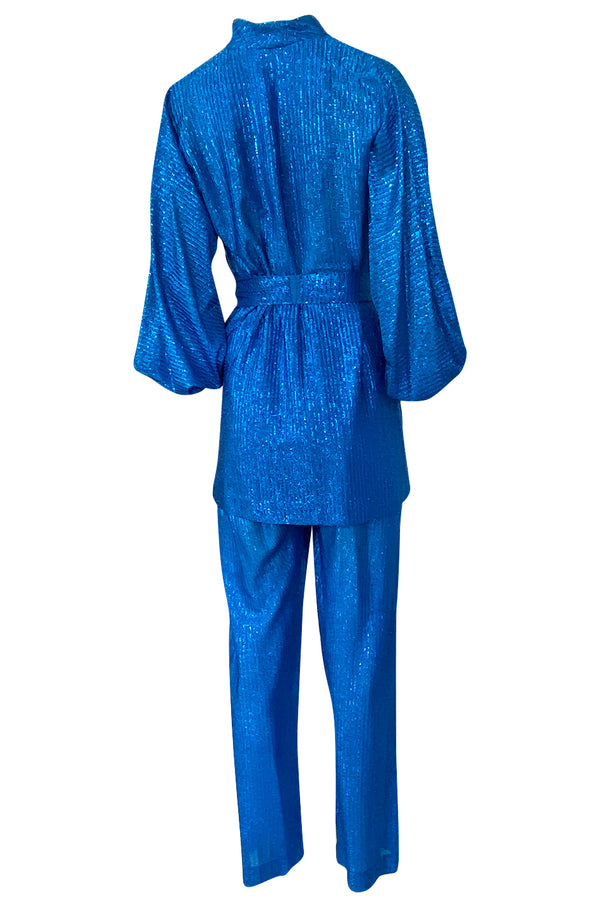 1970s Halston Bright Electric Blue Metallic Lame Lurex Top & Pant Set