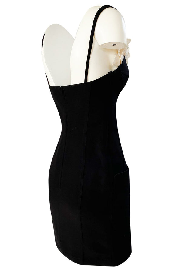 Runway Spring 1997 Thierry Mugler Fitted Black Dress w Extravagant Ruffled Silk Bodice