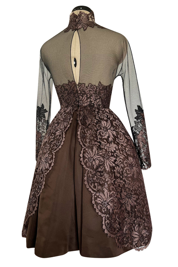 Extraordinary 1990s John Anthony Couture Deep Bronze Lace & Black Silk Netting Full Skirted Dress