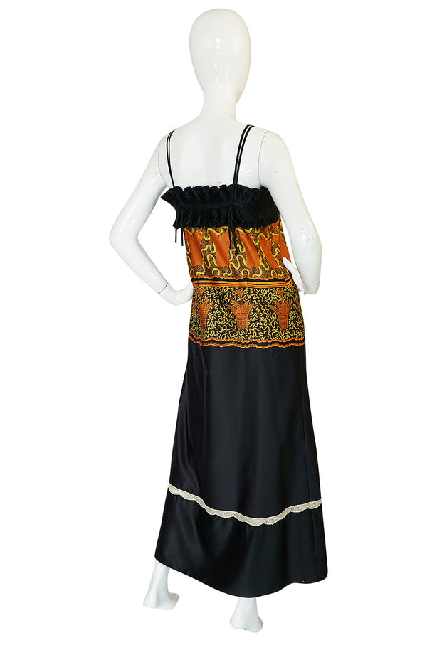 1970s Zandra Rhodes Print & Black Dramatic Lingerie Dress