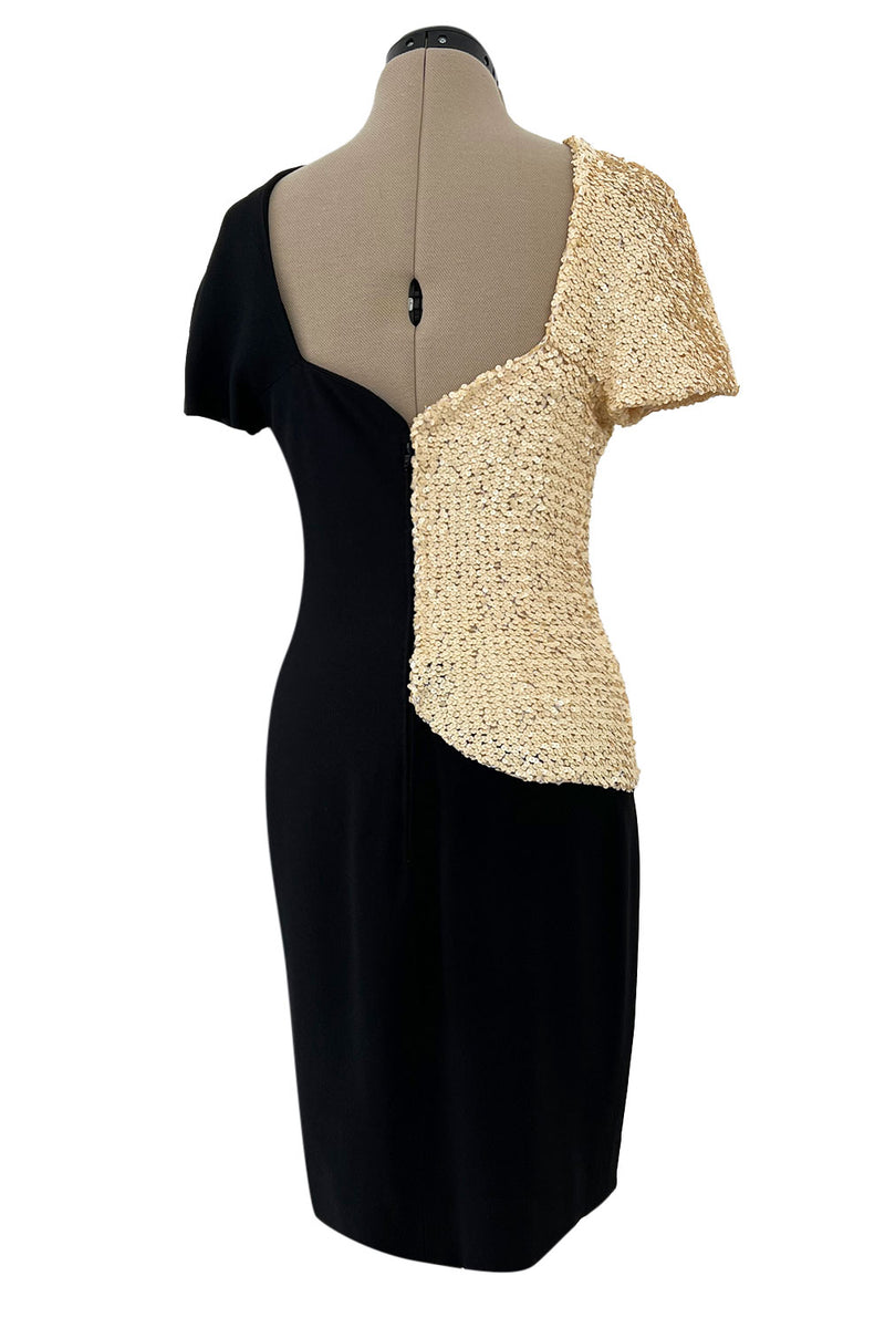 Runway Spring 1991 Karl Lagerfeld Black Crepe & Creamy Ivory Sequin Dress w Pocket