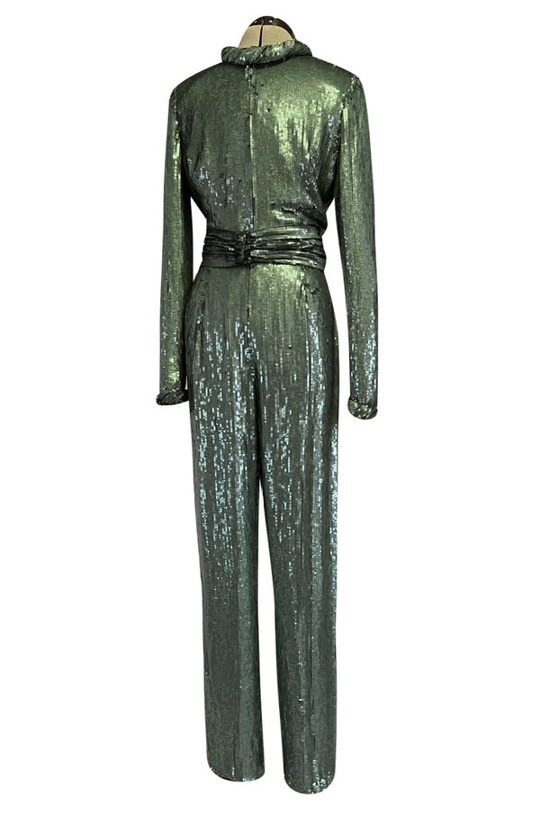 Amazing 1979 John Anthony Couture Sea Green Jumpsuit Completely Covered in Sequins