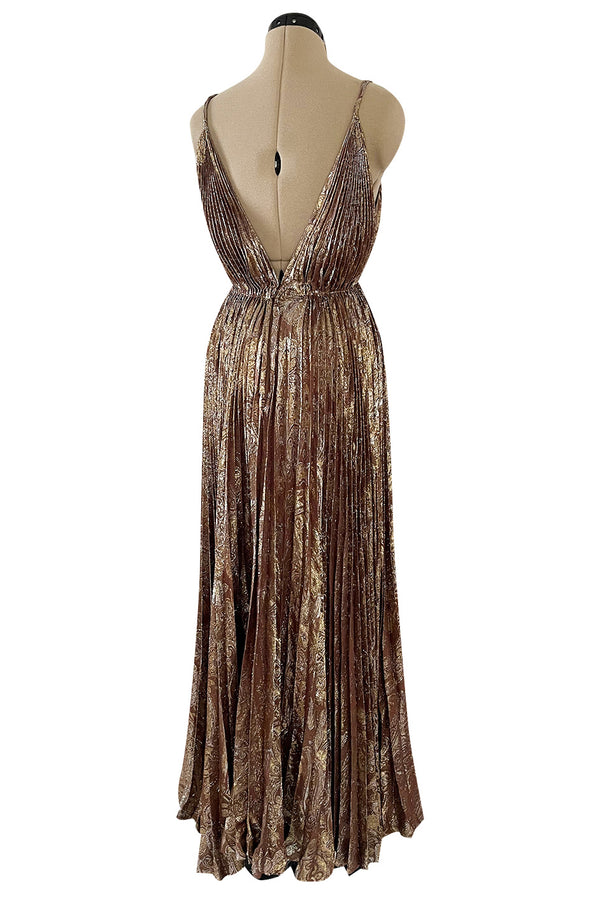 Incredible Spring 1977 Jean Patou by Angelo Tarlazzi Plunging Bronze Silk Lame Metallic Pleat Dress