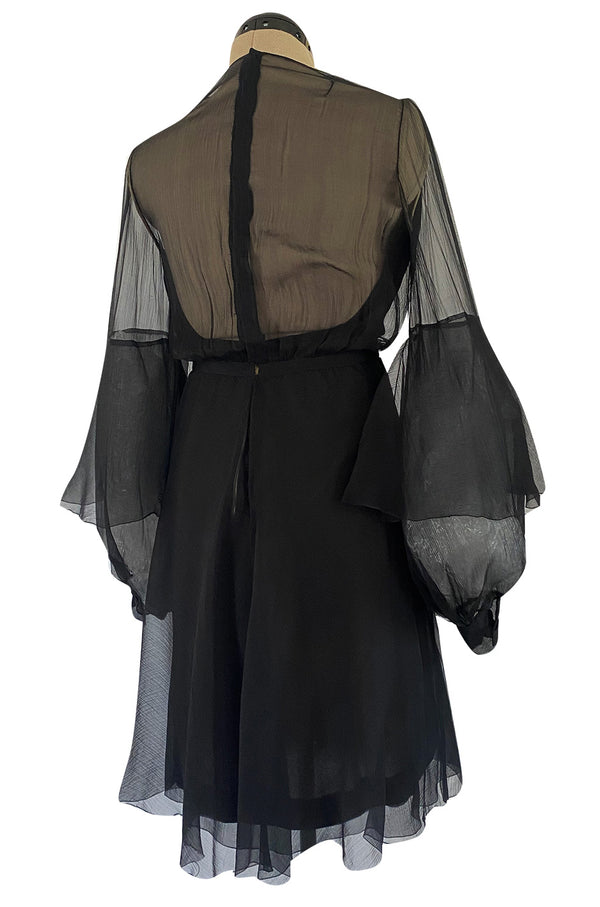 Well Documented Fall 1972 Christian Dior by Marc Bohan Haute Couture Black Silk Chiffon Dress