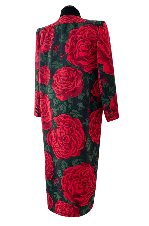 Fall 1985 Valentino Runway Felted Wool & Velvet Trim Over-sized Coat w Huge Rose Print Coat