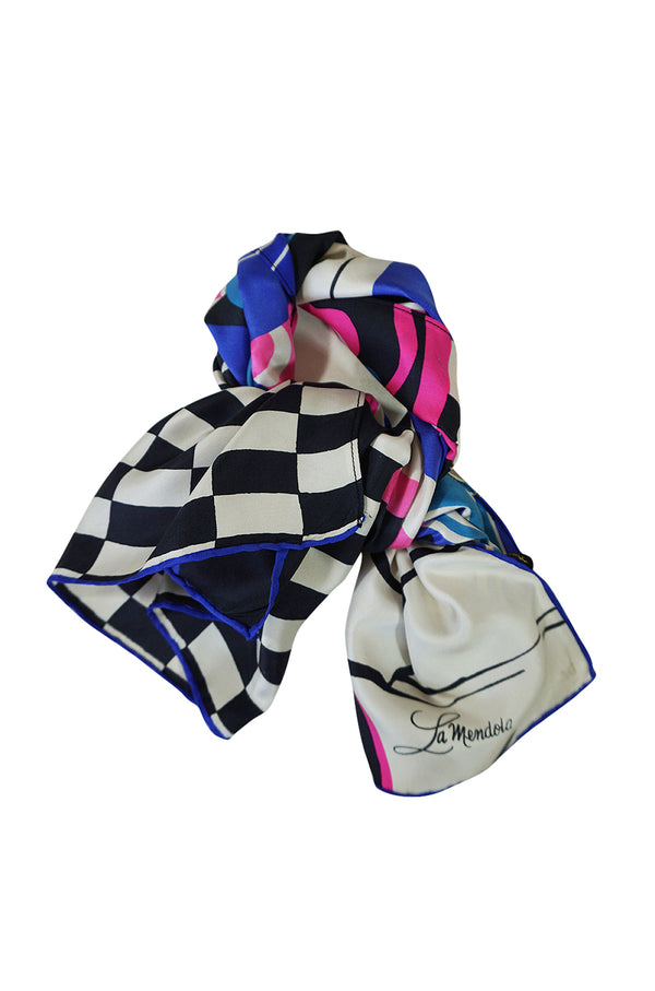 1960s La Mendola Swirls & Checks Graphic Print Silk Scarf