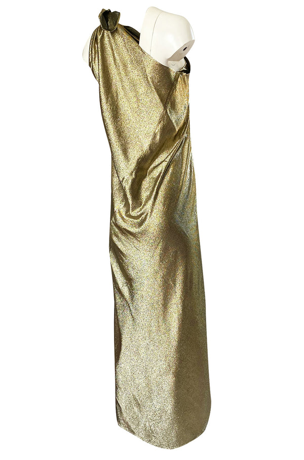 Important 1976 Halston Couture One Shoulder Gold Metallic Lame Sarong Dress