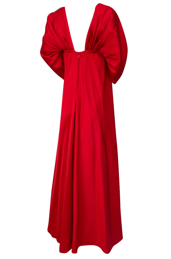 1979 Stavropoulos Deep Red Silk Full Length Dress w Pouf Sleeves