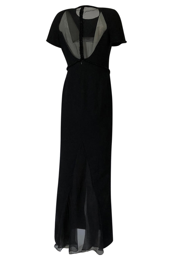 1990s Gianfranco Ferre Transparent Back w Bead Detailing Black Dress