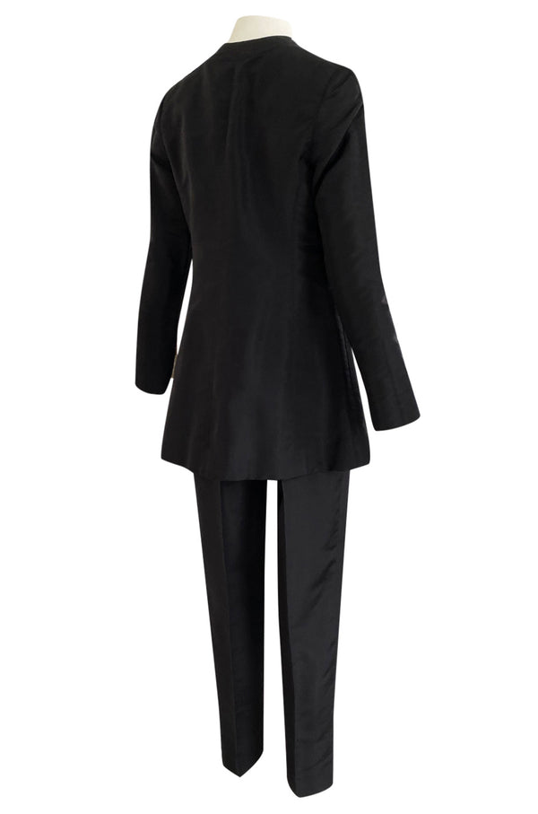 Spring 2000 Chanel Haute Couture Black Silk Taffeta Sculpted Jacket & Tapered Pant Suit Set