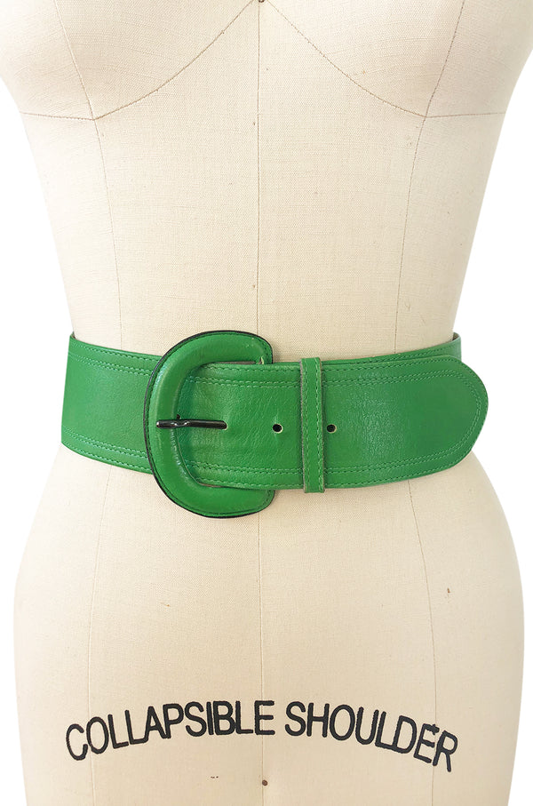 1970s Yves Saint Laurent Green Leather Wide Buckle Belt