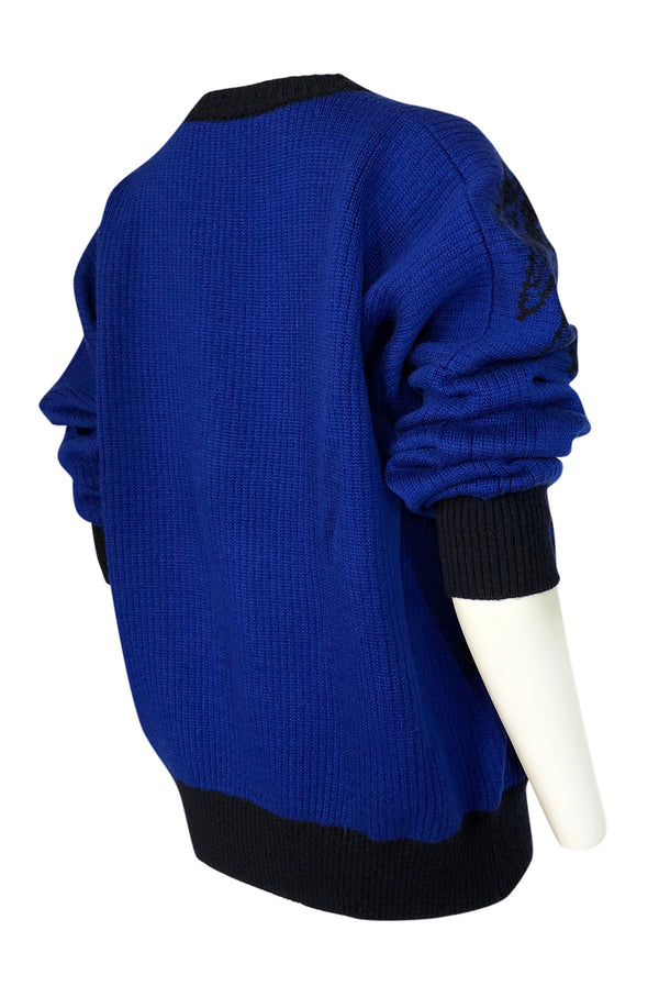 1980s Yves Saint Laurent Oversized Eagle Print Blue Wool Sweater