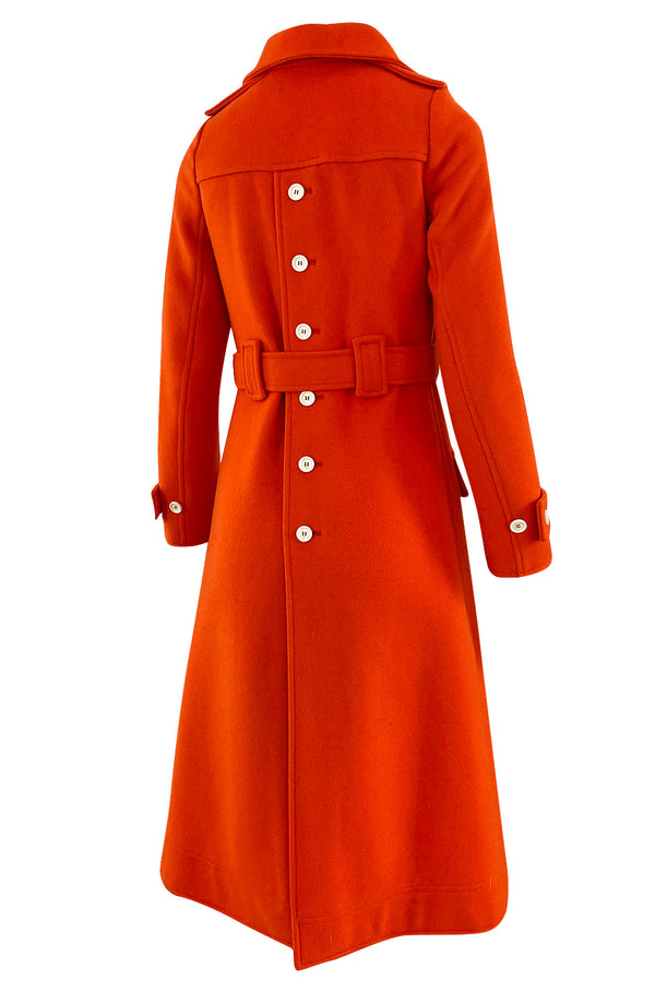 1971 Courreges Numbered Hyperbole Bright Orange Wool Coat w Quilted Interior