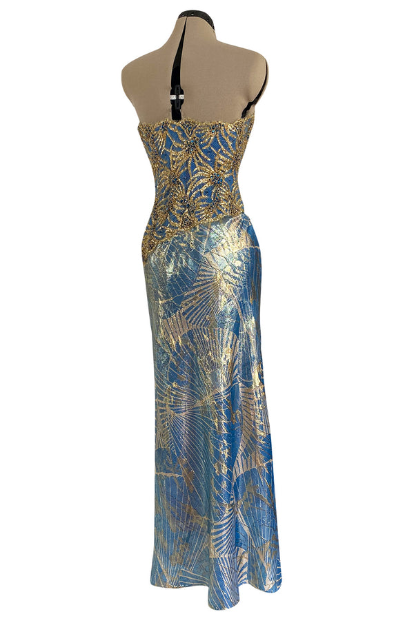 1980s James Galanos Gold Lame Blue Dress w Heavily Sequinned & Jewelled Strapless Bodice