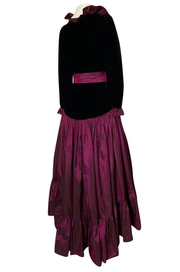 Fall 1980 Yves Saint Laurent Silk Taffeta & Velvet Dress w Asymmetrical Hem