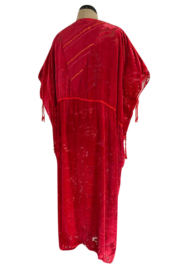 Rare 1977 Thea Porter Couture Documented Cherry Red Fused Velvet Open Front Abaya Caftan