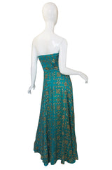 1970s Turquoise & Gold Sequin Silk Gown