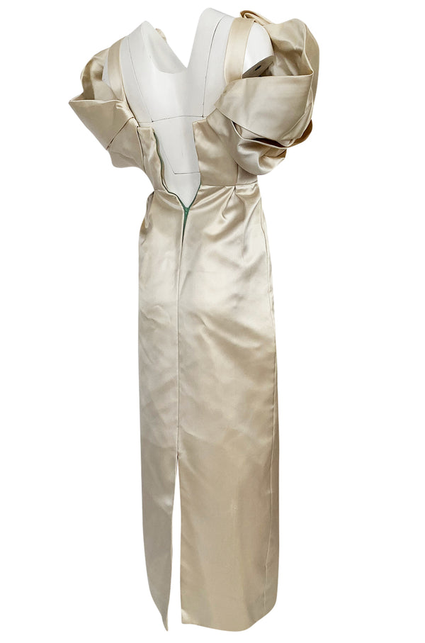 1980s Jacqueline De Ribes Ivory Silk Satin Dress w Amazing Sleeves