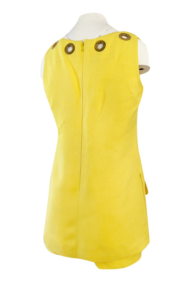 1960s Pierre Cardin Couture Bright Sunny Yellow Tunic & Hot Pant w Open Metal Grommets