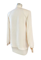 1990s Yves Saint Laurent Haute Couture Ivory Cream Silk Top w Bow & French Cuffs