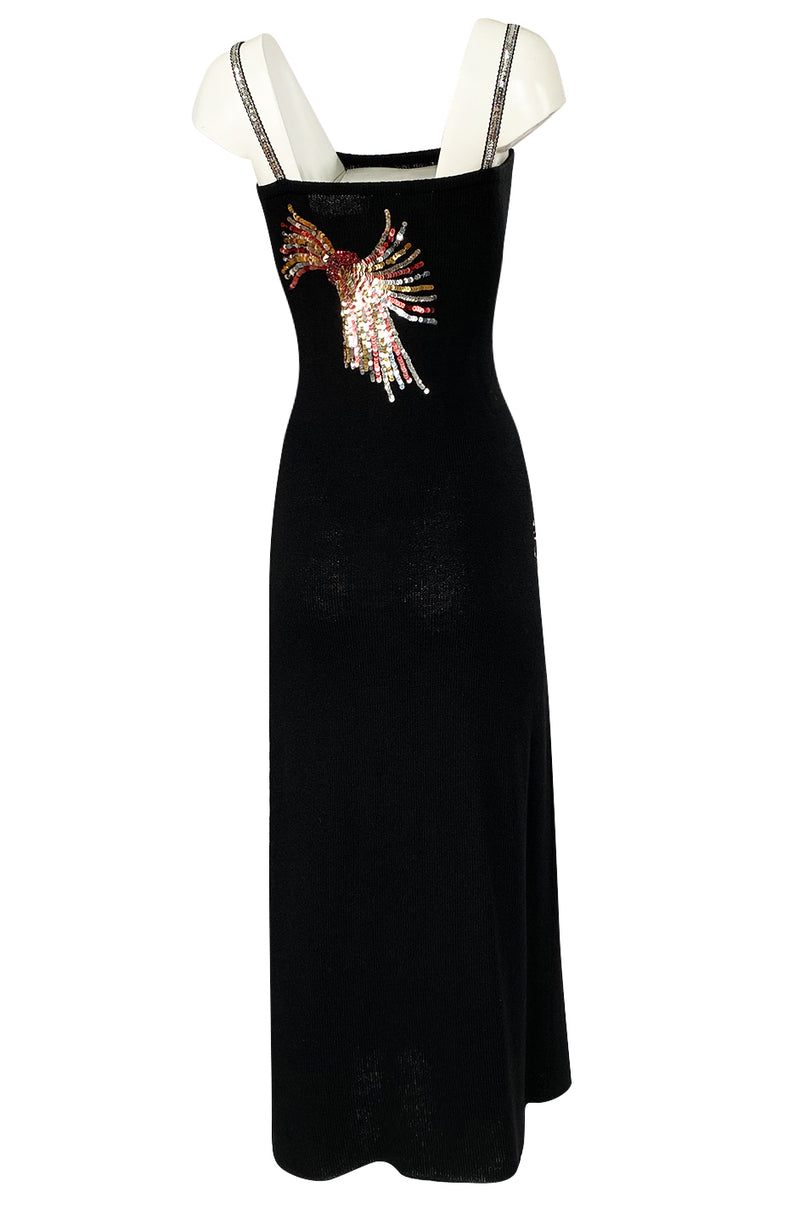 1970s Detailing Adolfo w Dress & – Couture Rhinestone Black Sequin Knit Shrimpton Stunning