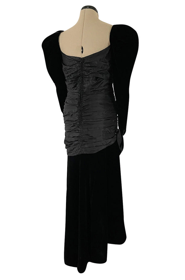 Dramatic 1980s Nina Ricci Black Velvet & Silk Taffeta Dress w Fabulous Sleeves & Slit Skirt