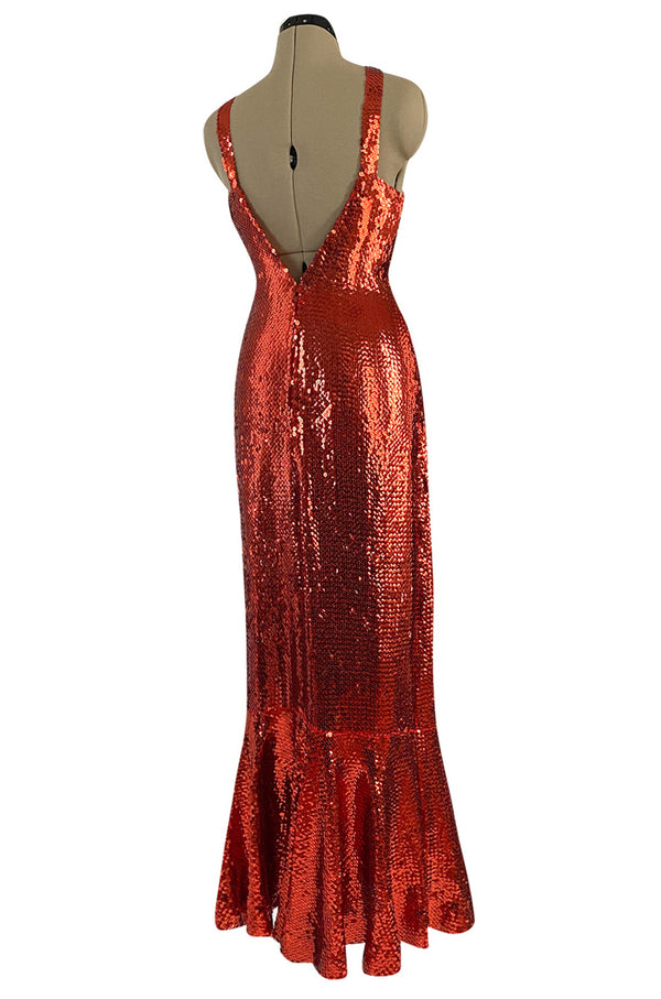 Remarkable Spring 1976 Pierre Cardin Couture Red Sequin Halter Dress w Low Full Skirt Hem