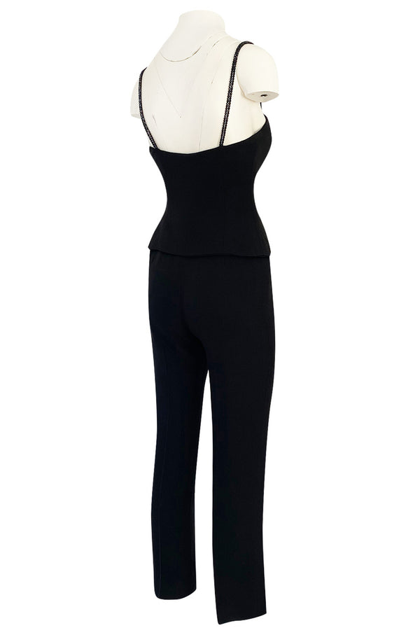 Pre-fall 1997 Christian Dior by Galliano Sleek Flared Leg Black Jumpsuit w Beaded Straps & Hip Peplum