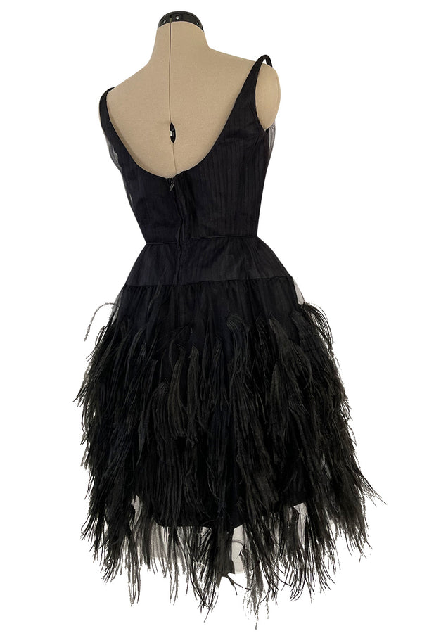 Fabulous Early 1960s Jean Louis Black Silk Chiffon Dress w Elaborate Feather Detailed Skirt