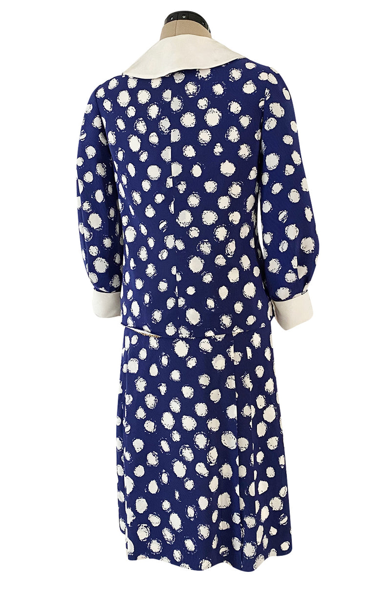 Spring 1977 Chanel Haute Couture Blue & White Silk Suit w Removable Collar