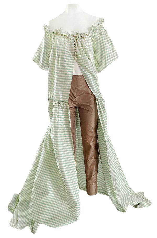 Spring 1999 Oscar De La Renta Pale Green Striped Silk Taffeta Billowing Over Dress & Pant Set