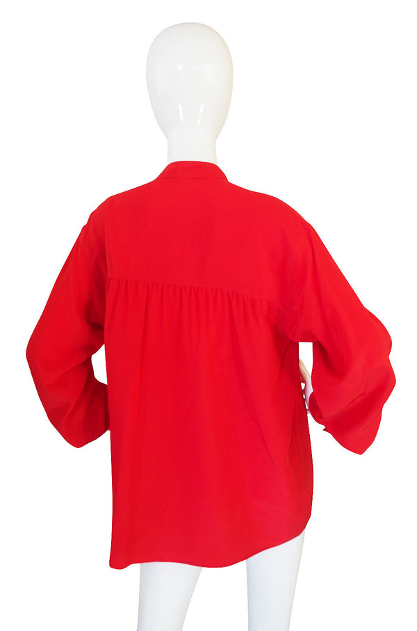 1970s Yves Saint Laurent Red Silk Smock Top