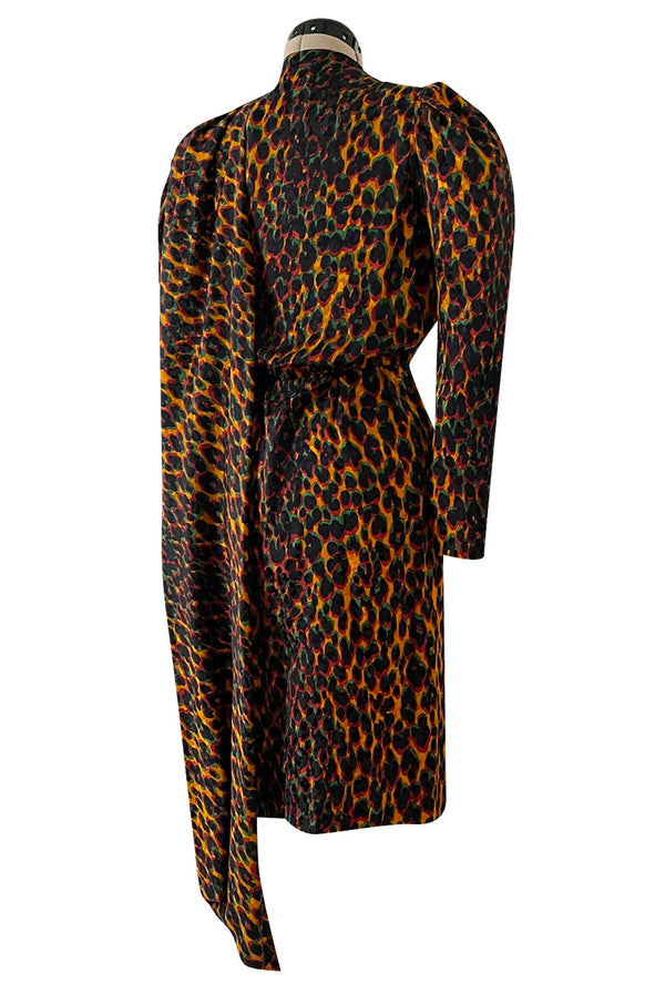 Iconic Fall 1982 Ady Couture Lausanne for Yves Saint Laurent Silk Leopard Print Dress w Draped Panel