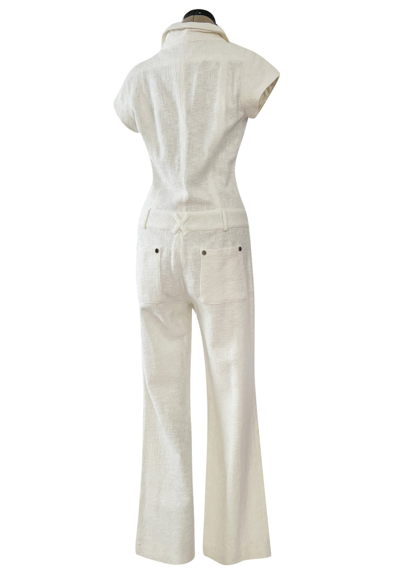 Fabulous 2007 Chanel Resort Runway Textured White Lace Front Pocket Jumpsuit