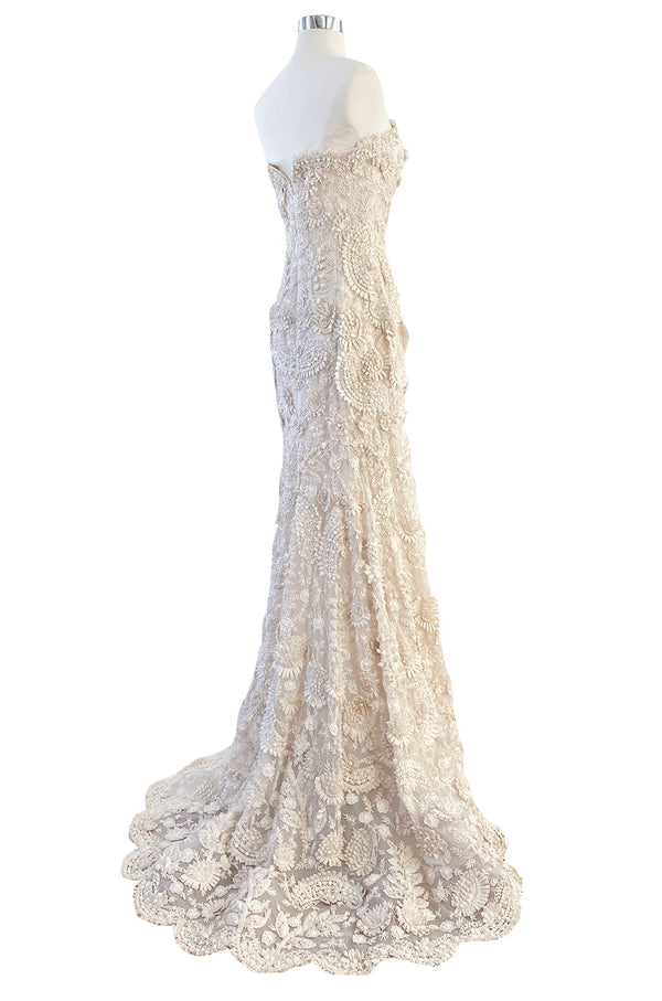 Spring 2008 Oscar De La Renta Embroidered Beaded Ribbon Work Floral Silk Organza Wedding Dress