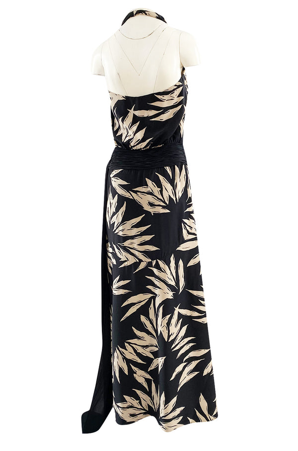 Gorgeous 1980s Valentino Haute Couture Black & Ivory Silk Print Plunging Halter Dress