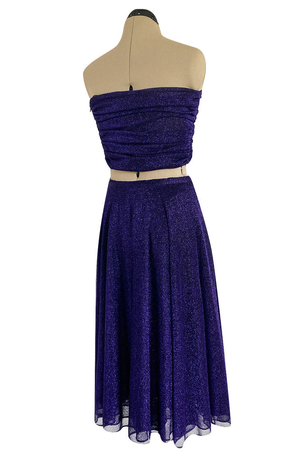 Rare 1978 Halston Couture Metallic Purple Lurex Cropped Bandeau Top & Skirt Set