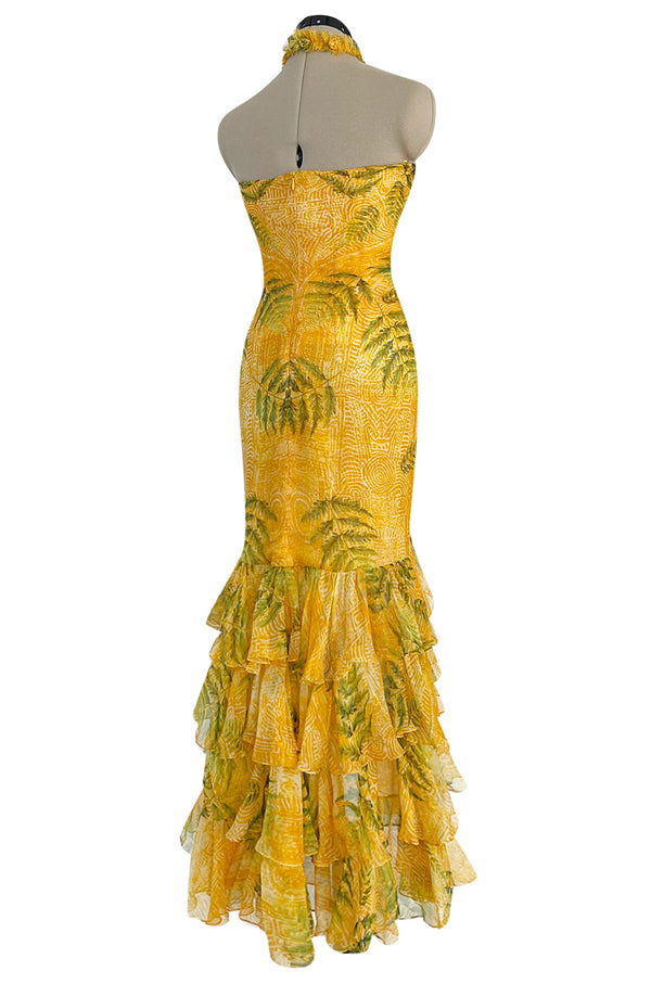 Spring 2004 Oscar de la Renta Runway Yellow Silk Chiffon Ruffled Dress w Fern & Floral Print