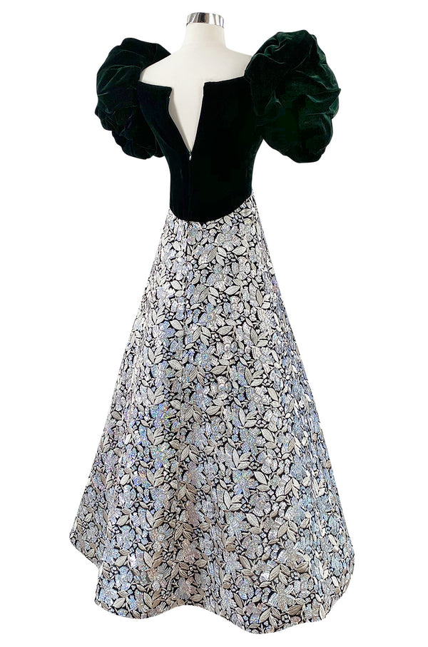 Spring 1992 Arnold Scaasi Couture Deep Green Velvet & Embroidered Silver Thread & Sequin Dress