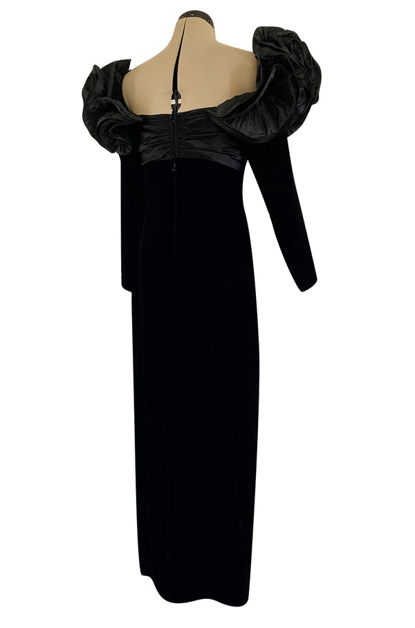 Dramatic 1980s Nina Ricci Black 'Garda' Velvet Dress w Pleated Silk Taffeta Ruffled Shoulders