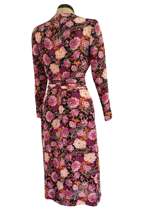 Pristine 1970s Jean-Louis Scherrer Haute Couture Pink Floral Print Silk Dress w Banded Waist