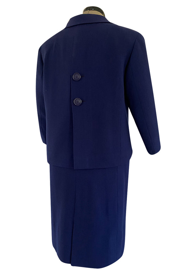 Spring 1960 Pierre Balmain Haute Couture Deep Blue Skirt Suit w Swing Back Button Detailing