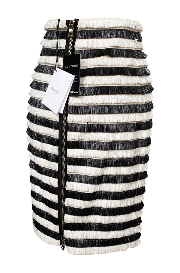 Resort 2015 Balmain Runway Graphic Striped Raffia Black & White Skirt