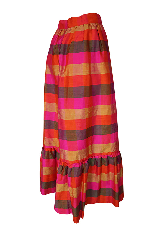 1960s Unlabeled Dramatic Pink Plaid Thai Silk  Ruffled Skirt