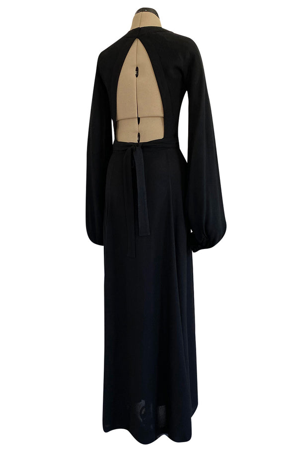 Iconic 1972 Ossie Clark Couture Black Moss Crepe Wrapped Cuddly Dress w Bishop Sleeves