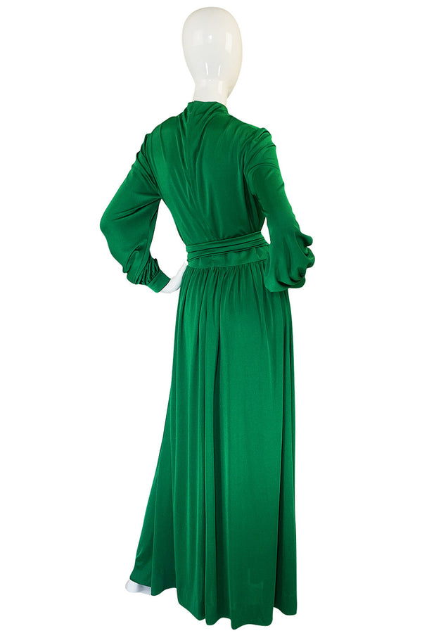 1970s Silk Jersey Emerald Green La Mendola Maxi Dress