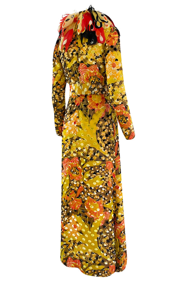 Famous 1971 Bill Blass Vogue Featured Yellow Chenille & Silk Maxi Dress w Elaborate Feather Collar